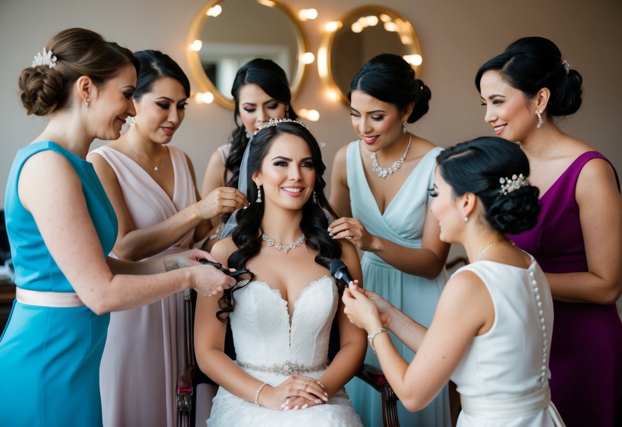 A group of female figures in elegant attire gather around the bride, assisting her with hair, makeup, and accessories