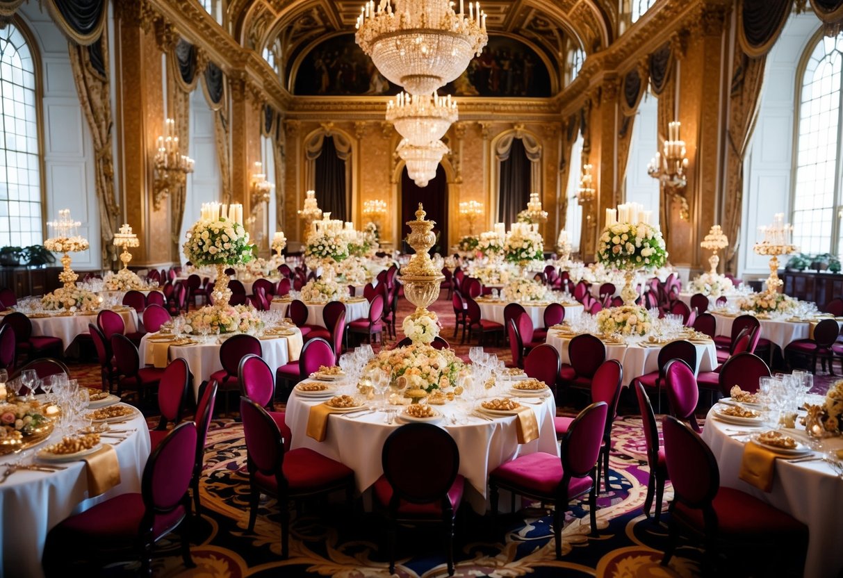 A grand banquet hall filled with opulent decorations and lavish feasts, with a regal atmosphere of wealth and luxury