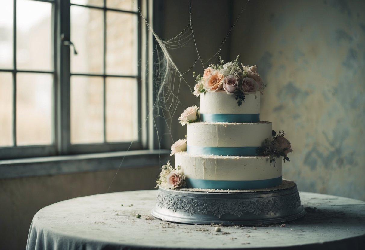 A wedding cake sits untouched on a dusty table, covered in cobwebs and fading flowers, as time slowly erases its once grandeur
