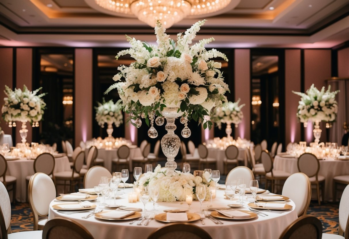 A lavish wedding reception with opulent decor and elegant attire