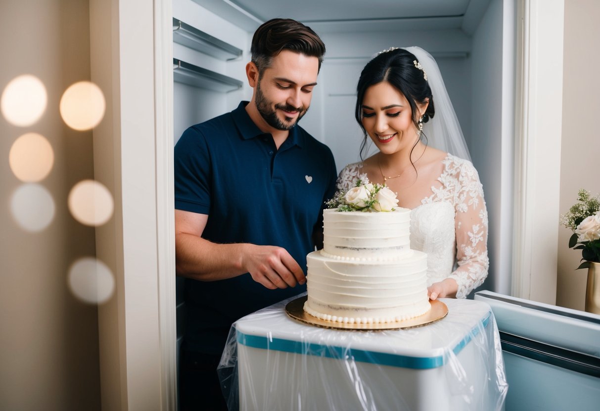 A couple carefully wraps their one-year-old wedding cake in plastic and places it in the freezer, symbolizing their commitment to preserving their love