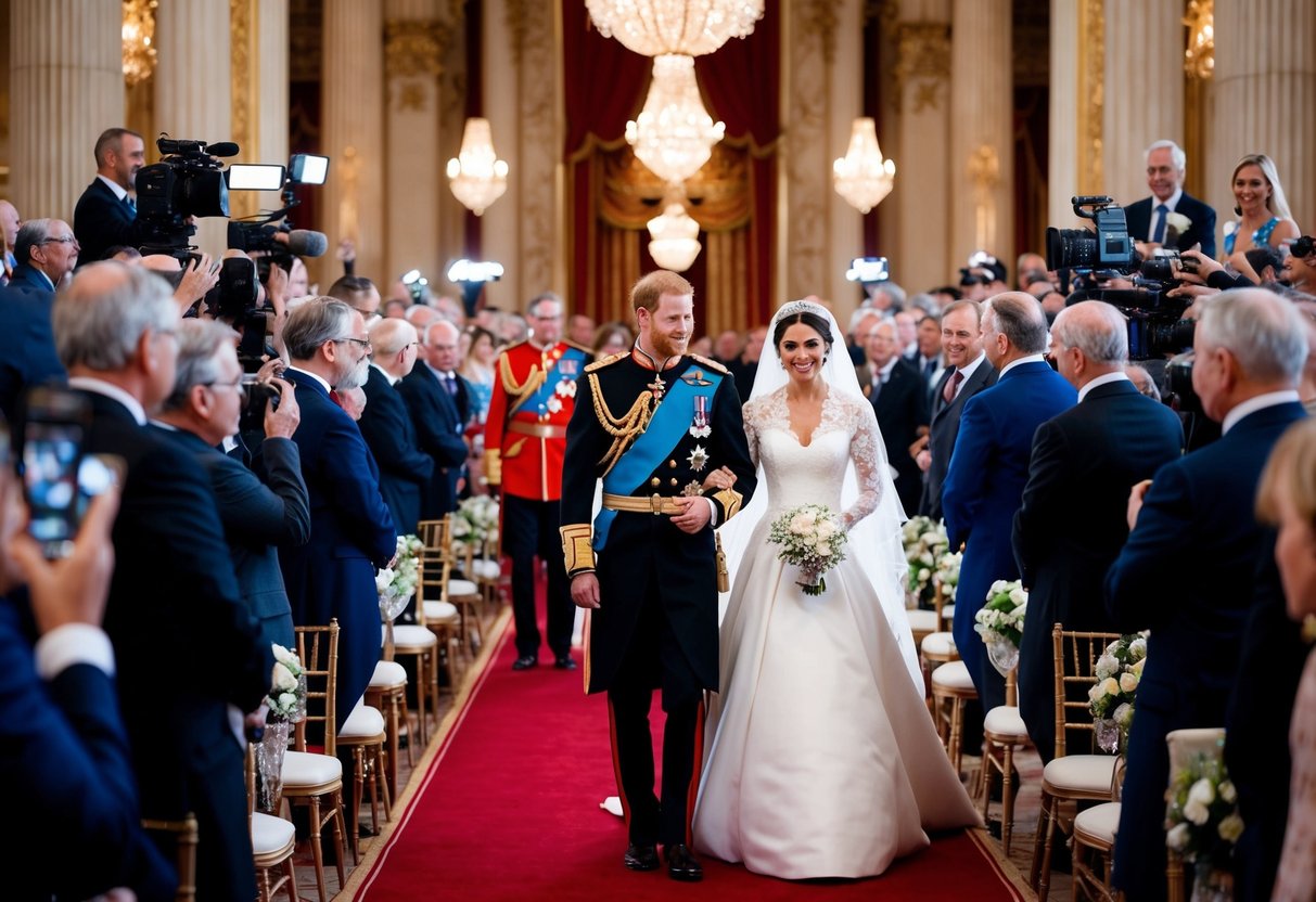 A grand royal wedding ceremony with a crowd of onlookers and media capturing the event. Rich decorations and lavish attire indicate a significant economic impact