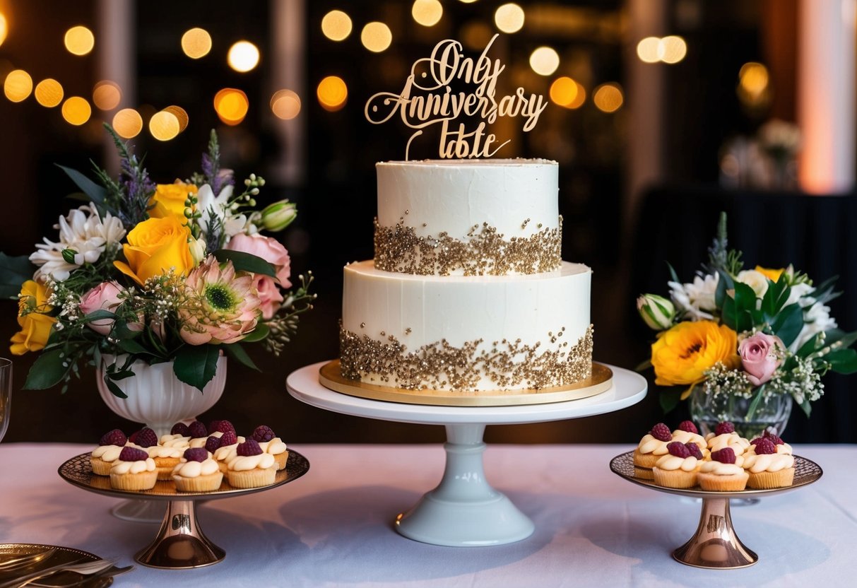 A wedding cake being repurposed as a decorative centerpiece for a trendy dessert table at a one-year anniversary party