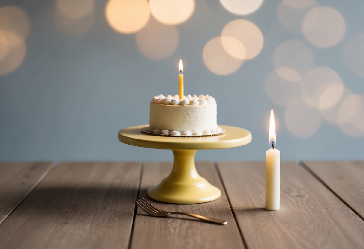 A small child-sized table with a tiny cake stand holding a year-old wedding cake. A small fork and a single candle sit next to it