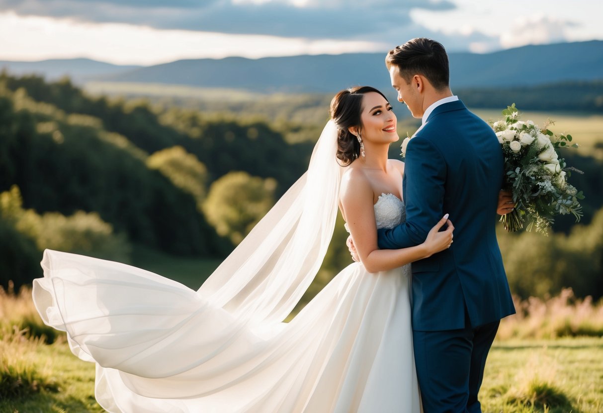 A wedding photographer capturing a couple in a scenic outdoor setting, with the bride in a flowing white gown and the groom in a sharp suit
