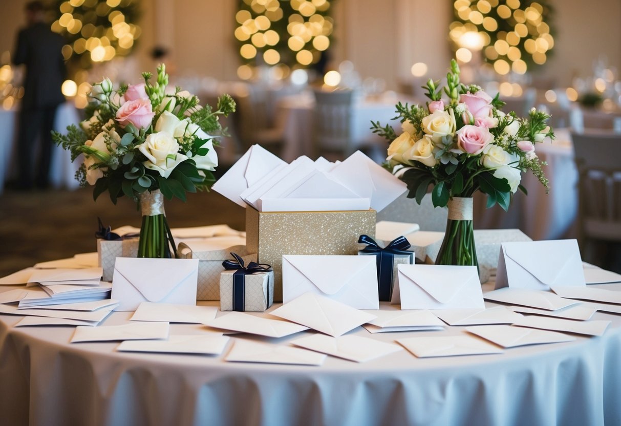 A wedding gift table overflowing with envelopes and cards. Bouquets of flowers and a decorative box for cards
