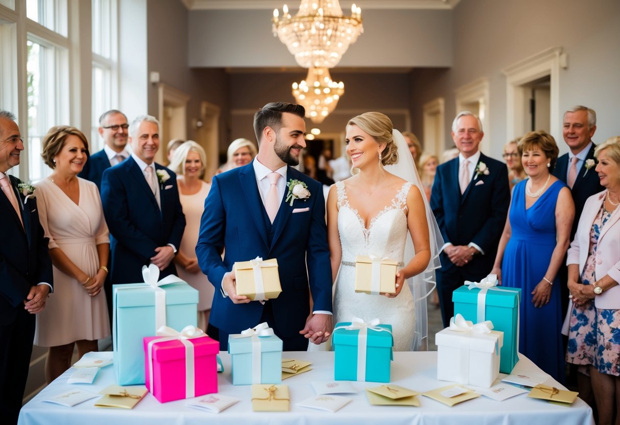 A bride and groom stand at a gift table with a variety of envelopes and packages, surrounded by family and friends