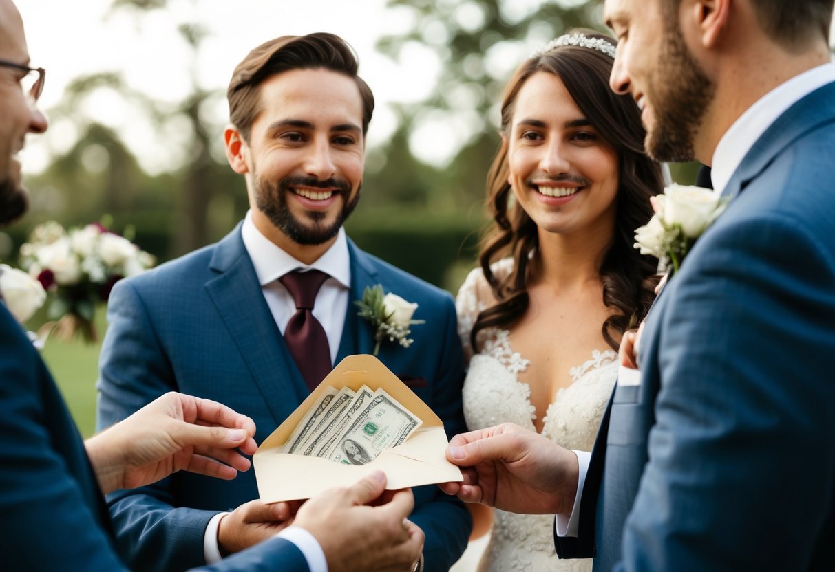 A couple receiving an envelope filled with cash and checks from wedding guests