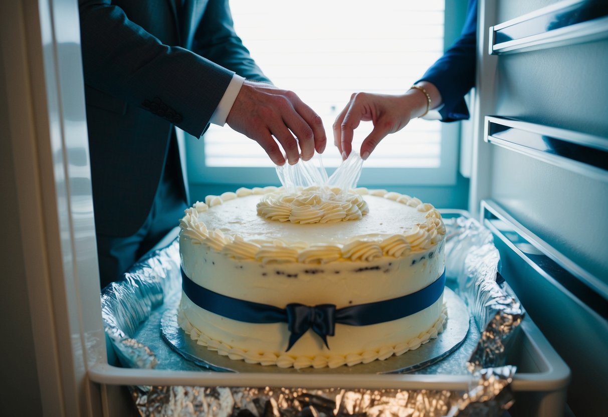 A wedding cake sits in a freezer, wrapped in layers of plastic and foil. A couple takes it out, allowing it to thaw before enjoying it on their anniversary