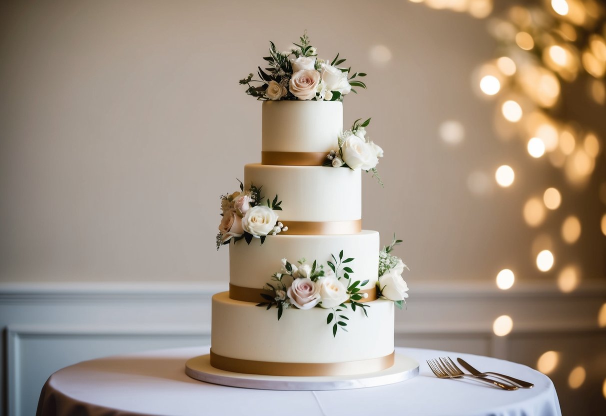 A three-tiered wedding cake with elegant floral decorations, suitable for 75 guests
