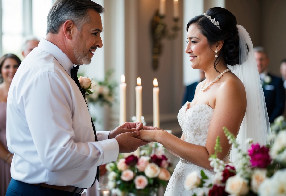 A father presents a delicate pearl necklace to his daughter on her wedding day, as she stands in a gown surrounded by flowers and candles
