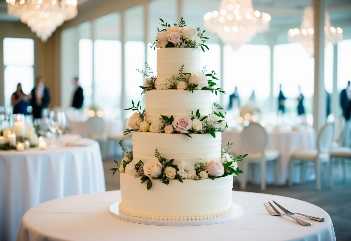 A three-tiered wedding cake with elegant floral decorations, large enough to serve 120 guests, sitting on a pristine white table