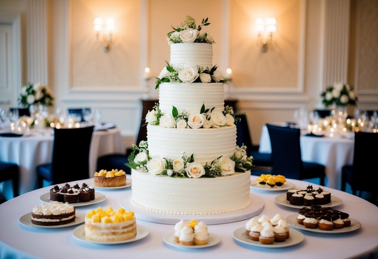 A towering three-tiered wedding cake surrounded by various smaller dessert options, set against a backdrop of elegant table settings and floral decorations