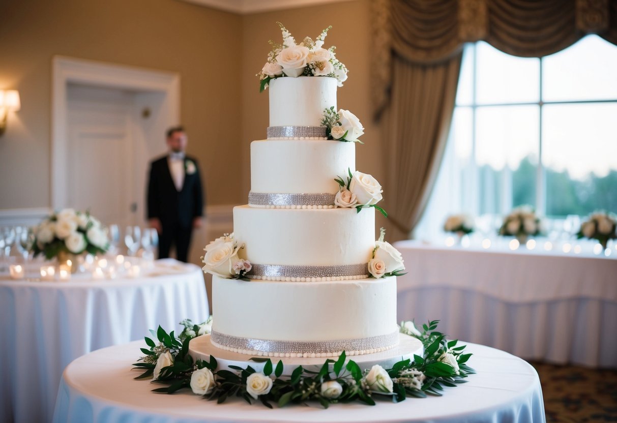 A three-tiered wedding cake with elegant decorations and floral accents, large enough to serve 120 guests, sits on a beautifully decorated table