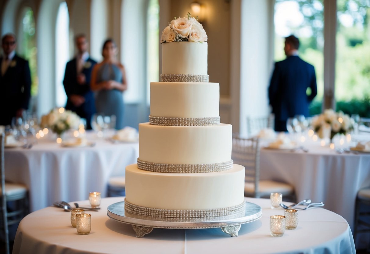 A three-tier wedding cake with elegant decorations, set on a table for 50 guests
