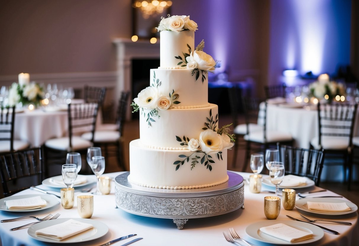 A three-tiered wedding cake with elegant floral design, displayed on a decorated cake stand, surrounded by 50 place settings