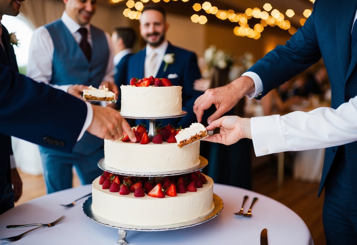 Guests reaching for slices of wedding cake on a tiered stand