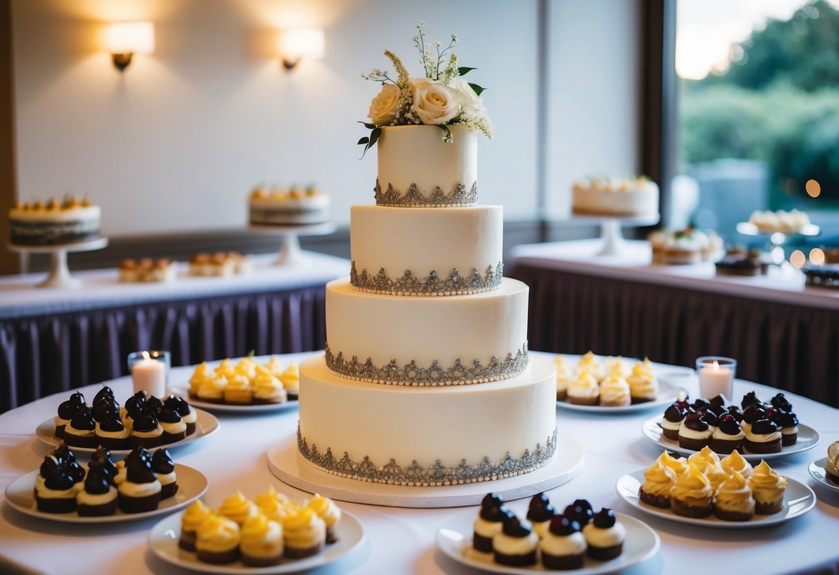 A three-tiered wedding cake with elegant decorations and intricate details, surrounded by various dessert options for 50 guests