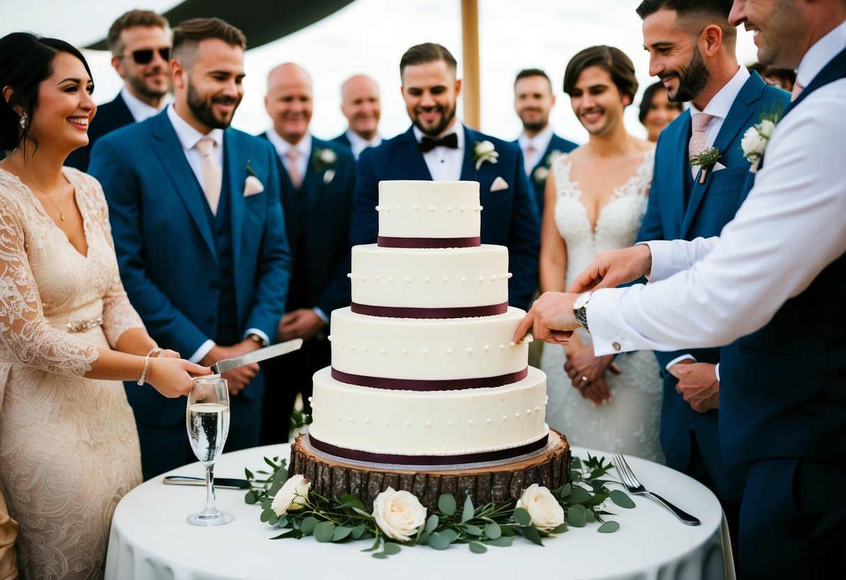 A tiered wedding cake surrounded by guests, with a couple cutting a slice
