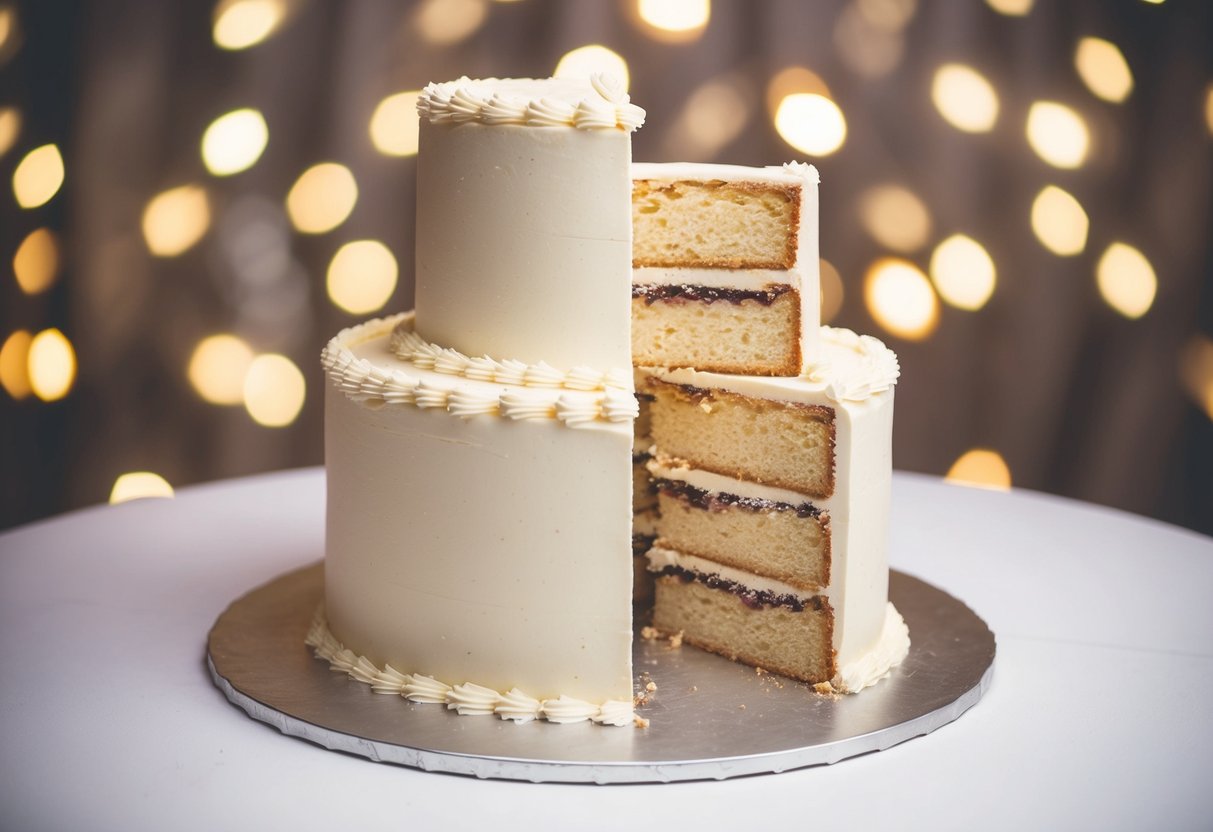 A wedding cake sliced into unequal portions, some untouched, others with missing slices