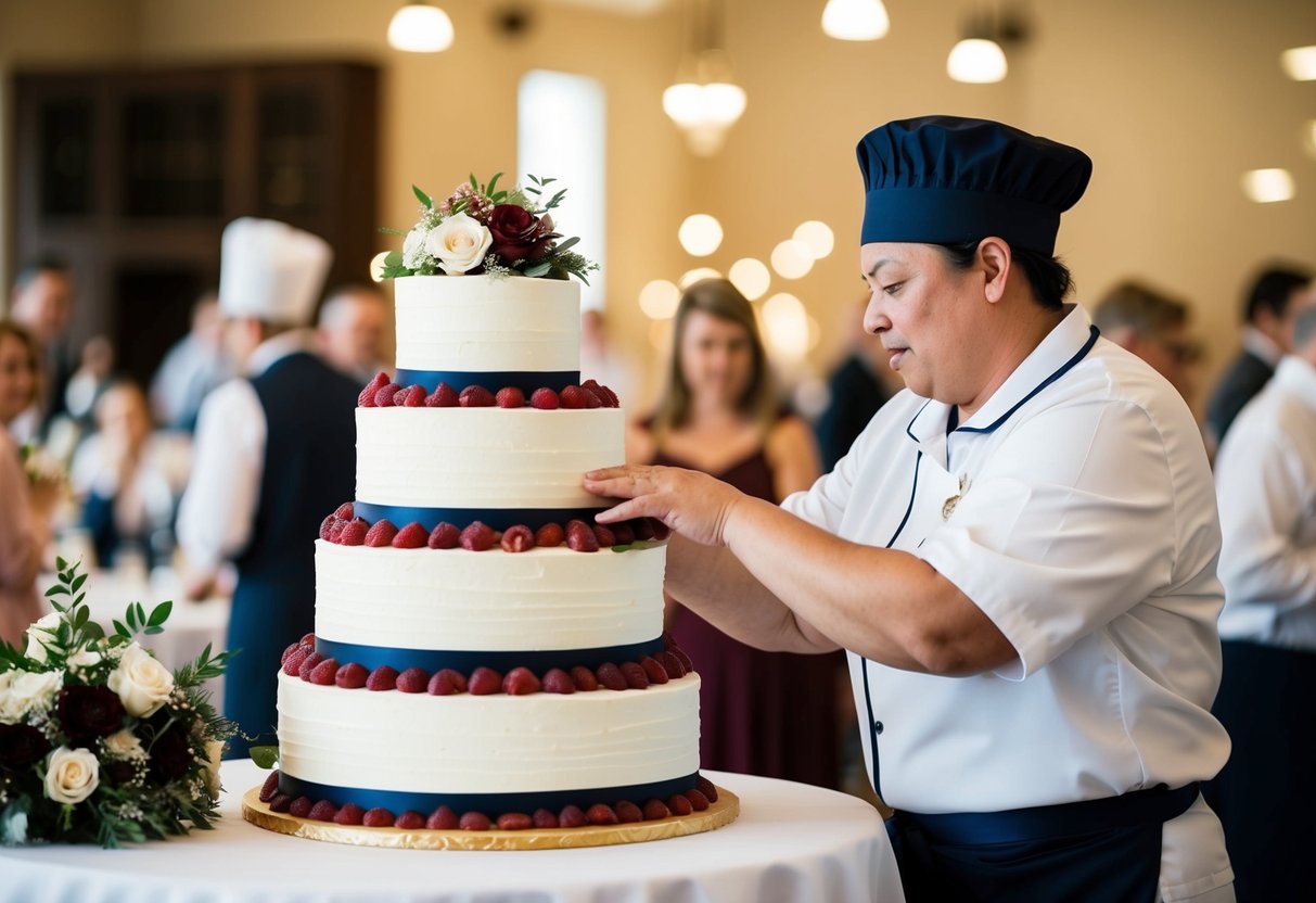 A baker stacking three tiers of wedding cake for 50 guests