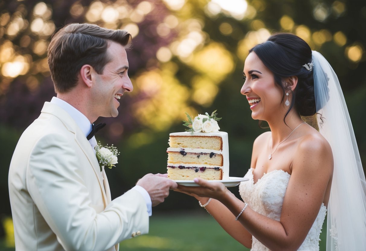 The bride playfully offers the groom a slice of cake, both smiling as they share this special moment