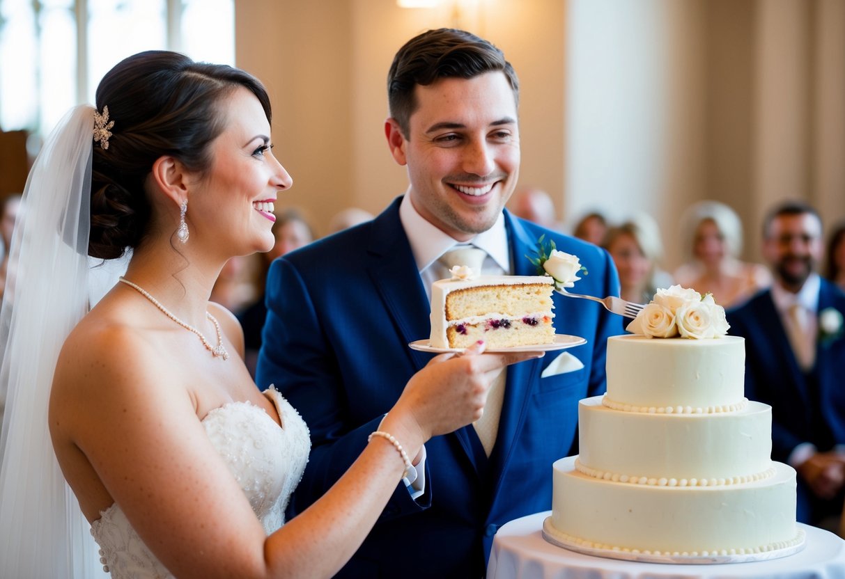 A bride holds a slice of wedding cake, feeding it to the groom as he looks on with a smile. The traditional act symbolizes the couple's commitment and care for each other