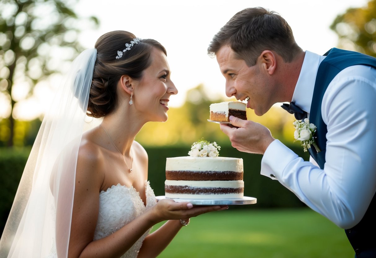 A bride holds a slice of wedding cake while the groom leans in, ready to take a bite