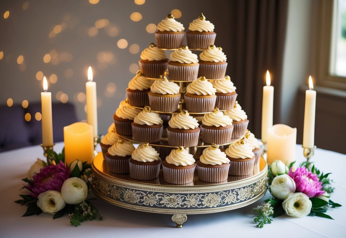 A tiered tower of cupcakes arranged on a decorative stand, surrounded by flowers and candles