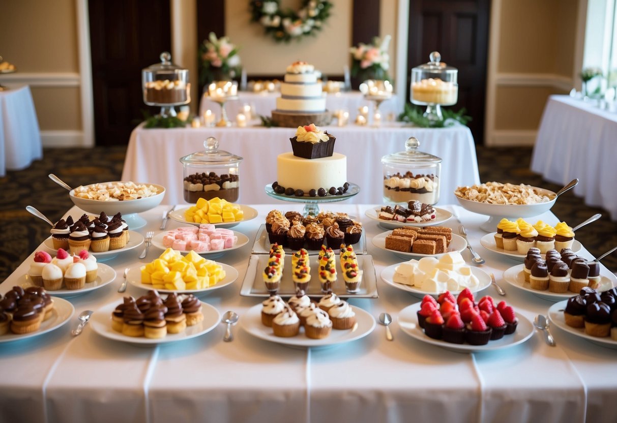 A variety of dessert stations, each with different sweet treats and toppings, are spread out across a beautifully decorated table at a wedding reception