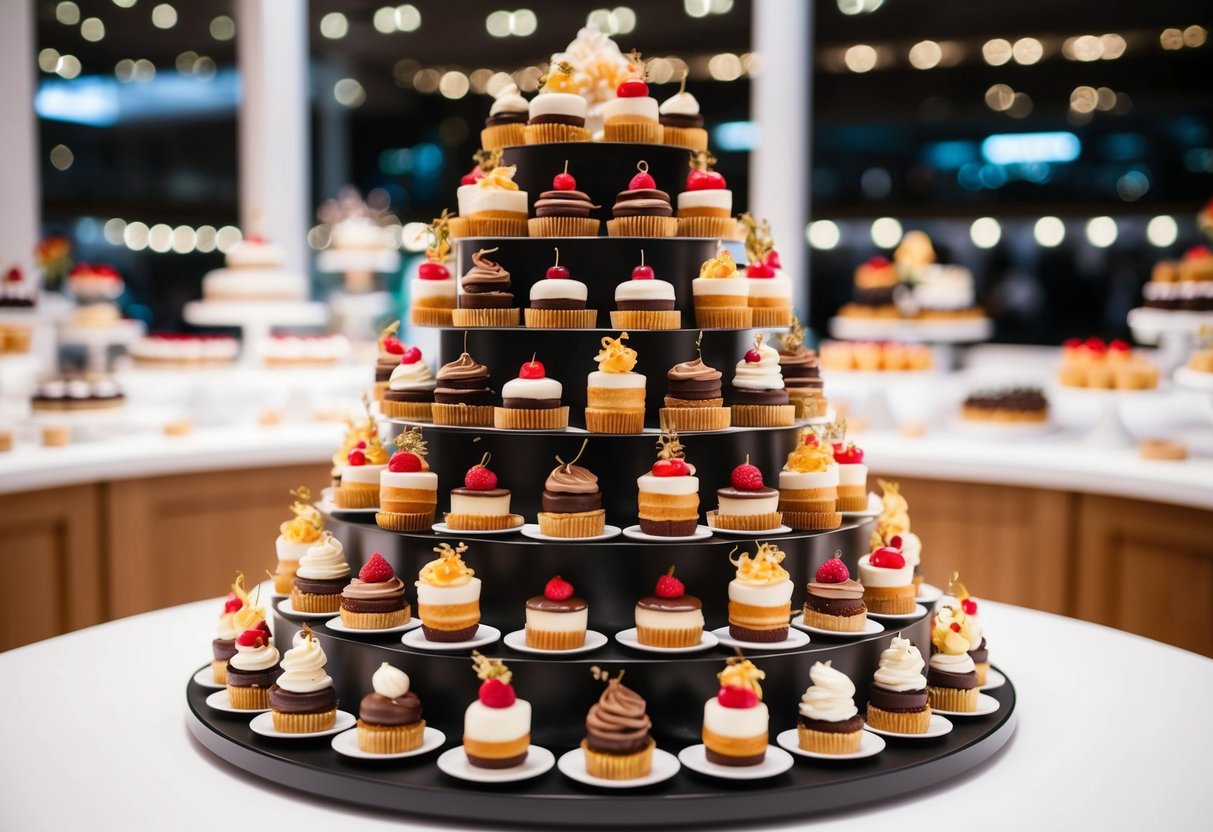 A towering display of miniature dessert creations, each one uniquely designed and arranged in a stunning and elaborate presentation