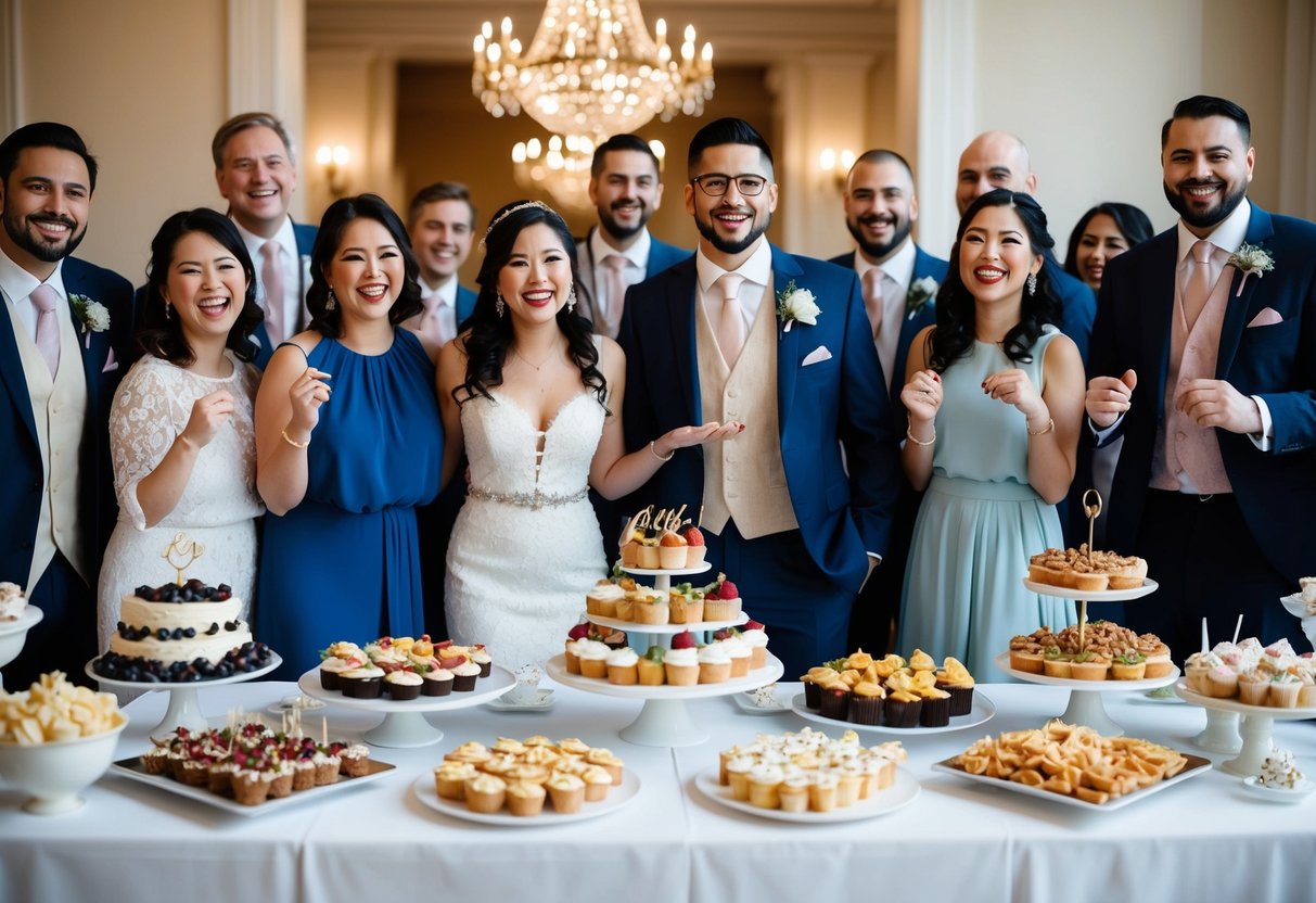 A beautifully decorated dessert table with an assortment of savory and sweet treats, surrounded by joyful wedding guests