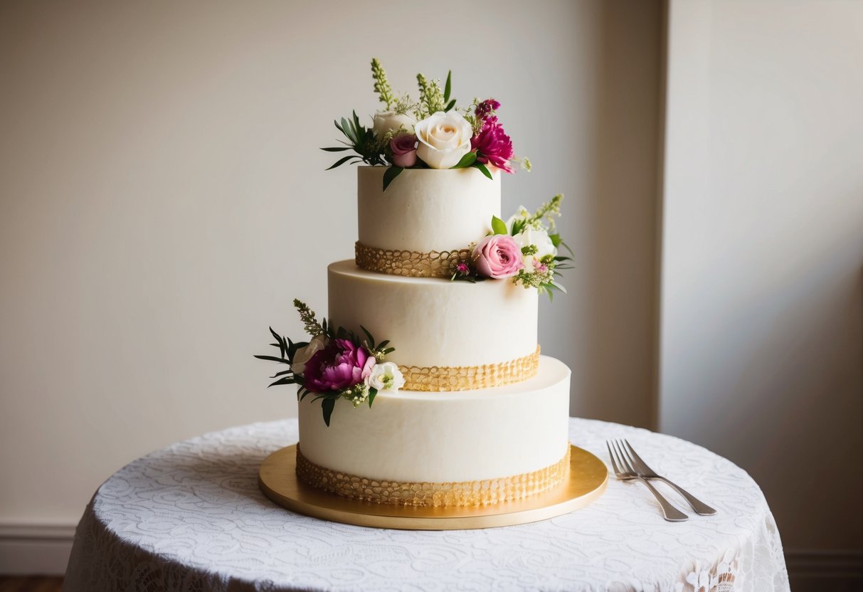 A three-tiered wedding cake adorned with fresh flowers and a delicate gold trim sits atop a lace-covered table. The flavor could be vanilla with raspberry filling