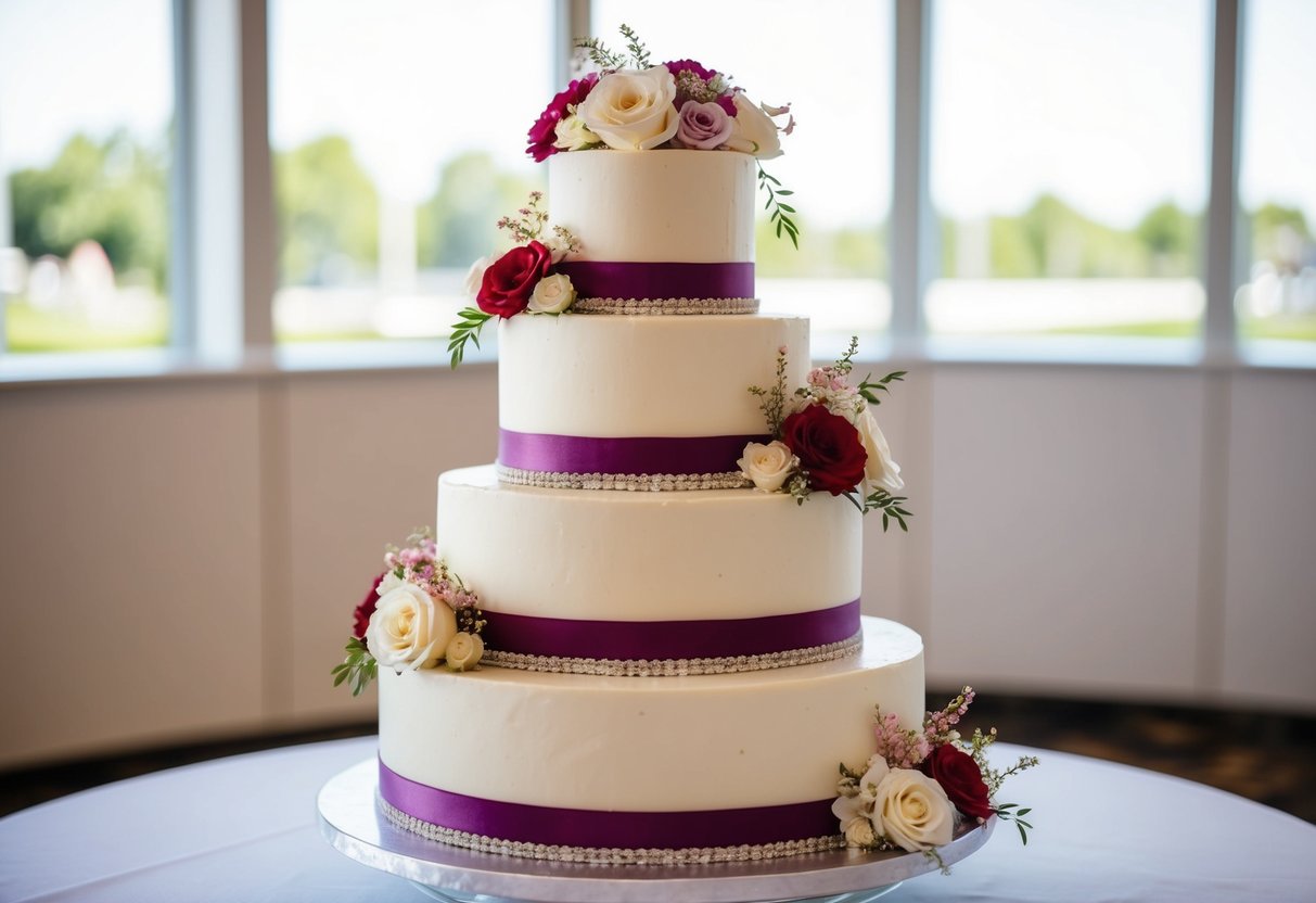 A three-tiered wedding cake adorned with delicate floral decorations in a color scheme that complements the wedding theme. The flavor is a decadent combination of vanilla and raspberry, with a hint of champagne