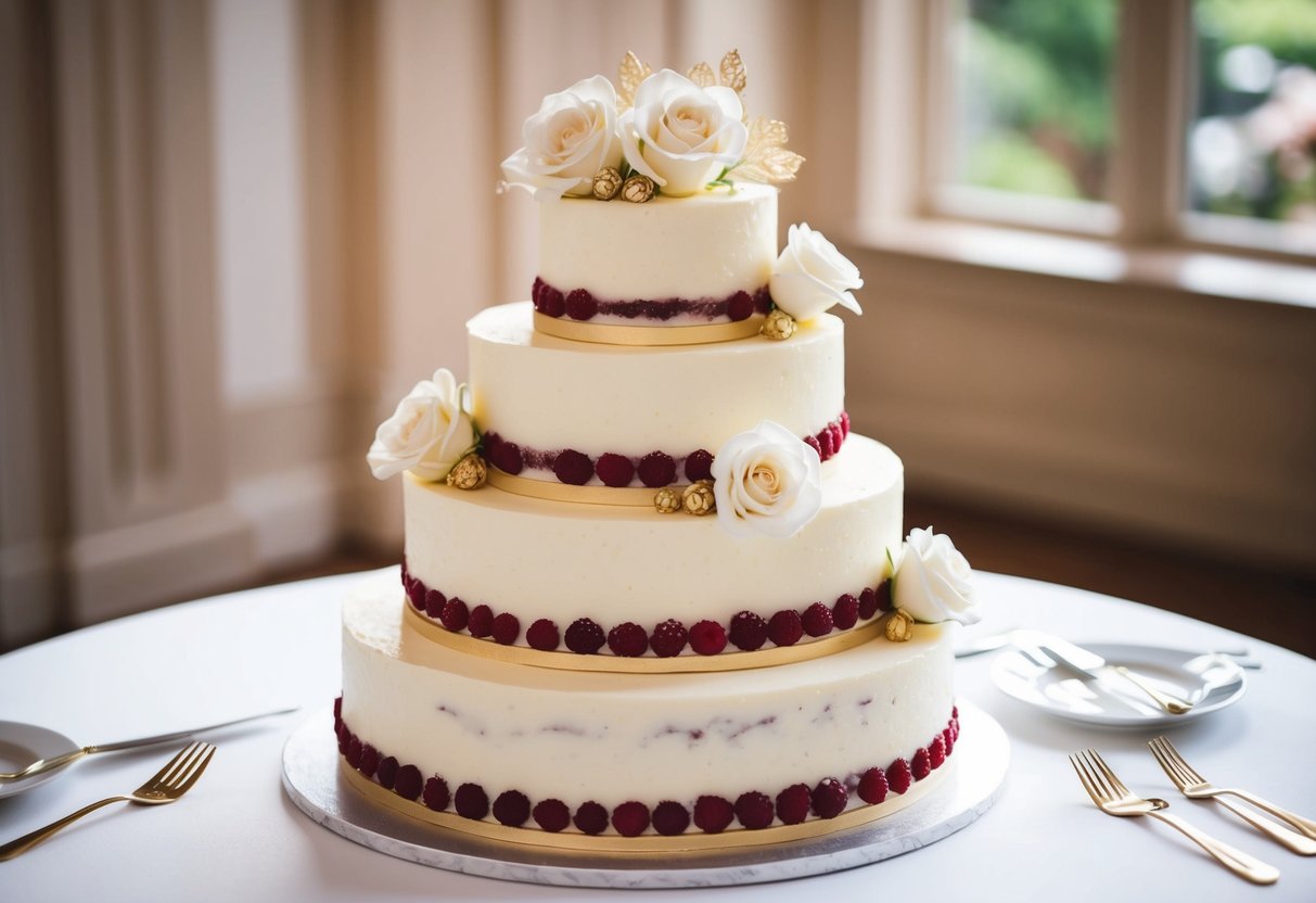 A three-tiered wedding cake with layers of vanilla sponge and raspberry filling, adorned with delicate white icing roses and gold accents