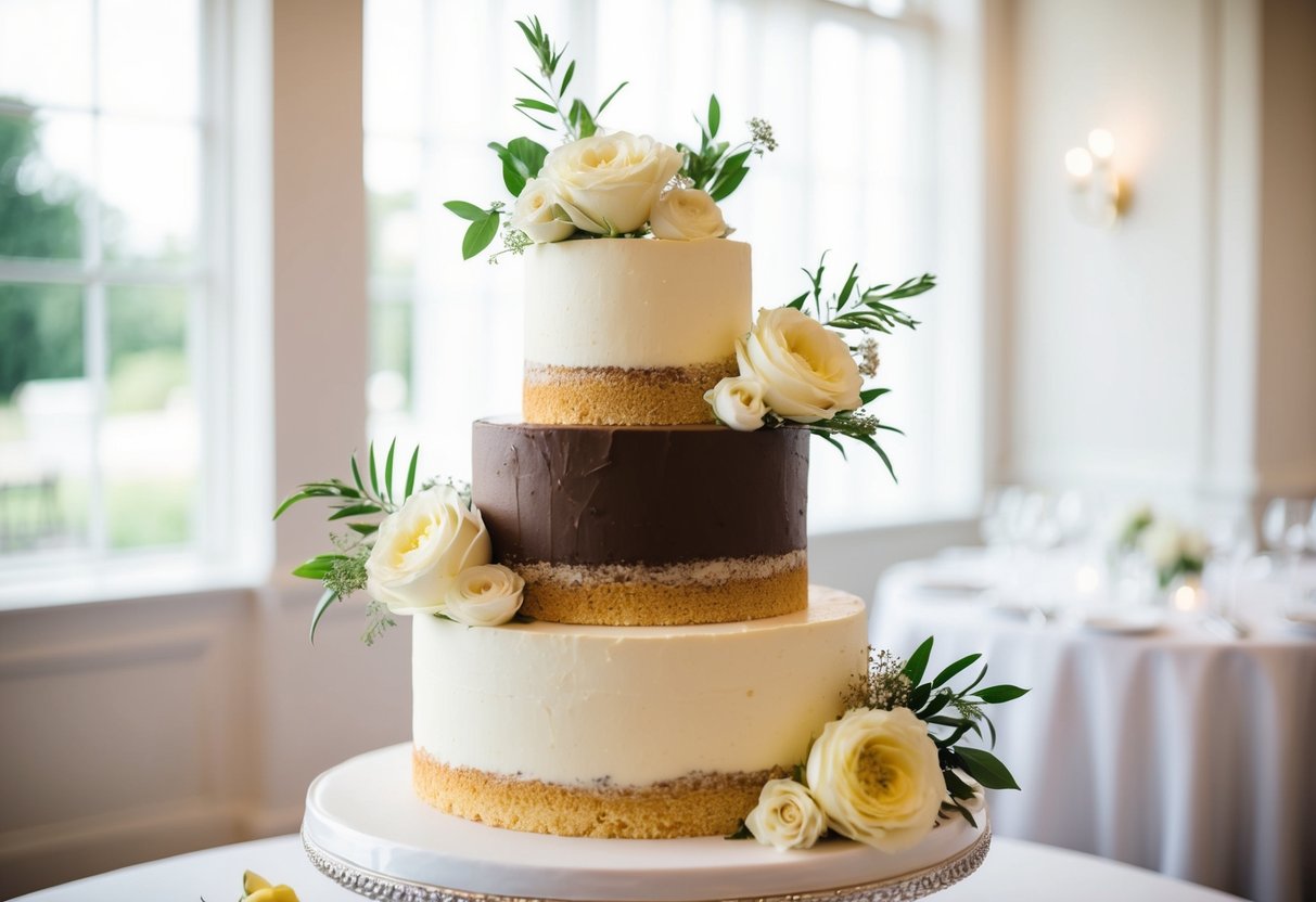 A three-tiered wedding cake adorned with fresh flowers in a classic white and gold color scheme. The top tier is a rich and moist vanilla sponge, the middle tier is a decadent chocolate, and the bottom tier is a tangy lemon flavor