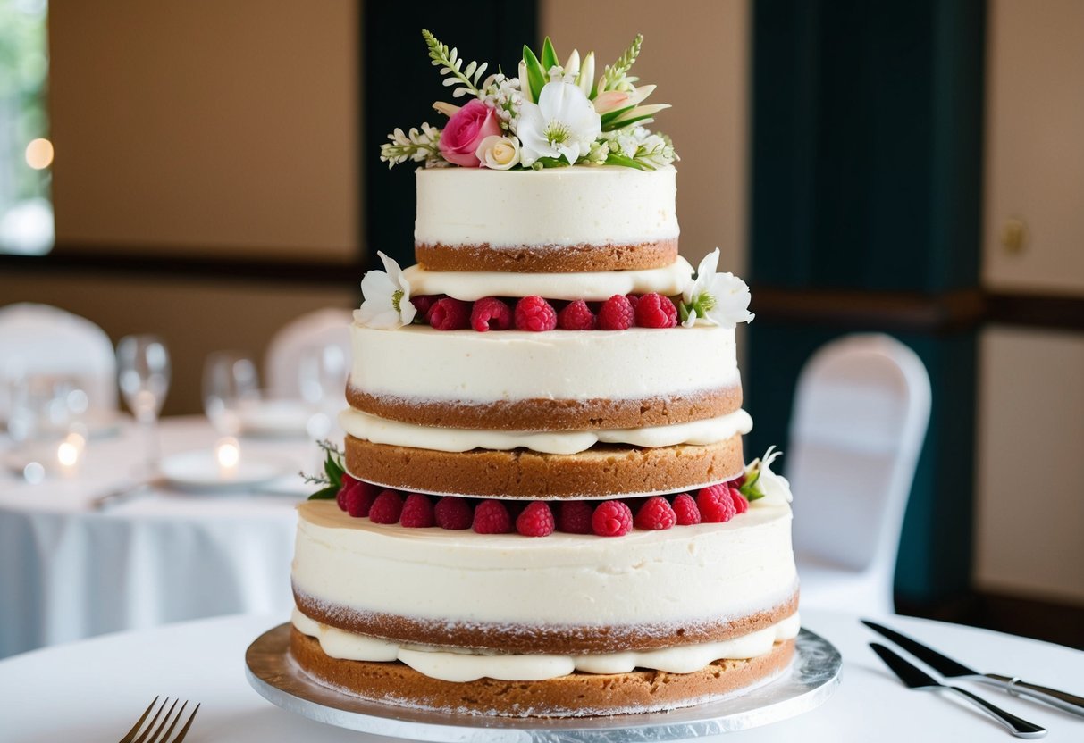 A three-tiered wedding cake with layers of vanilla sponge and raspberry filling, topped with delicate white icing and fresh flowers