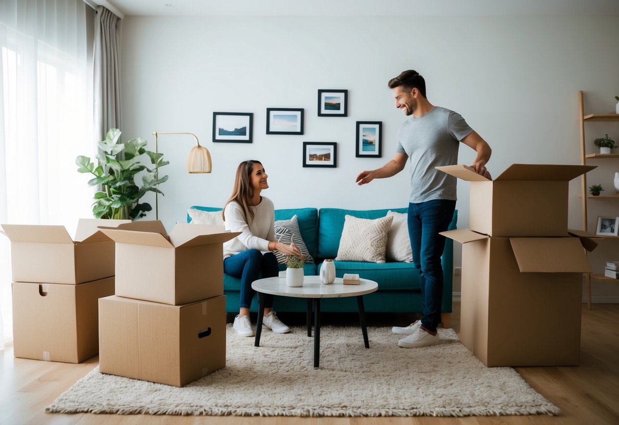 A couple unpacking boxes in a cozy living room, arranging furniture and hanging photos on the wall
