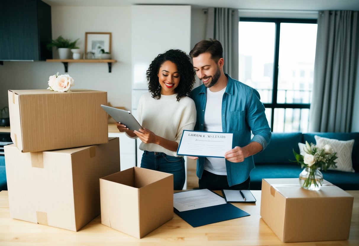 A couple unpacking boxes in a cozy, modern apartment. A wedding invitation and lease agreement sit on the kitchen counter