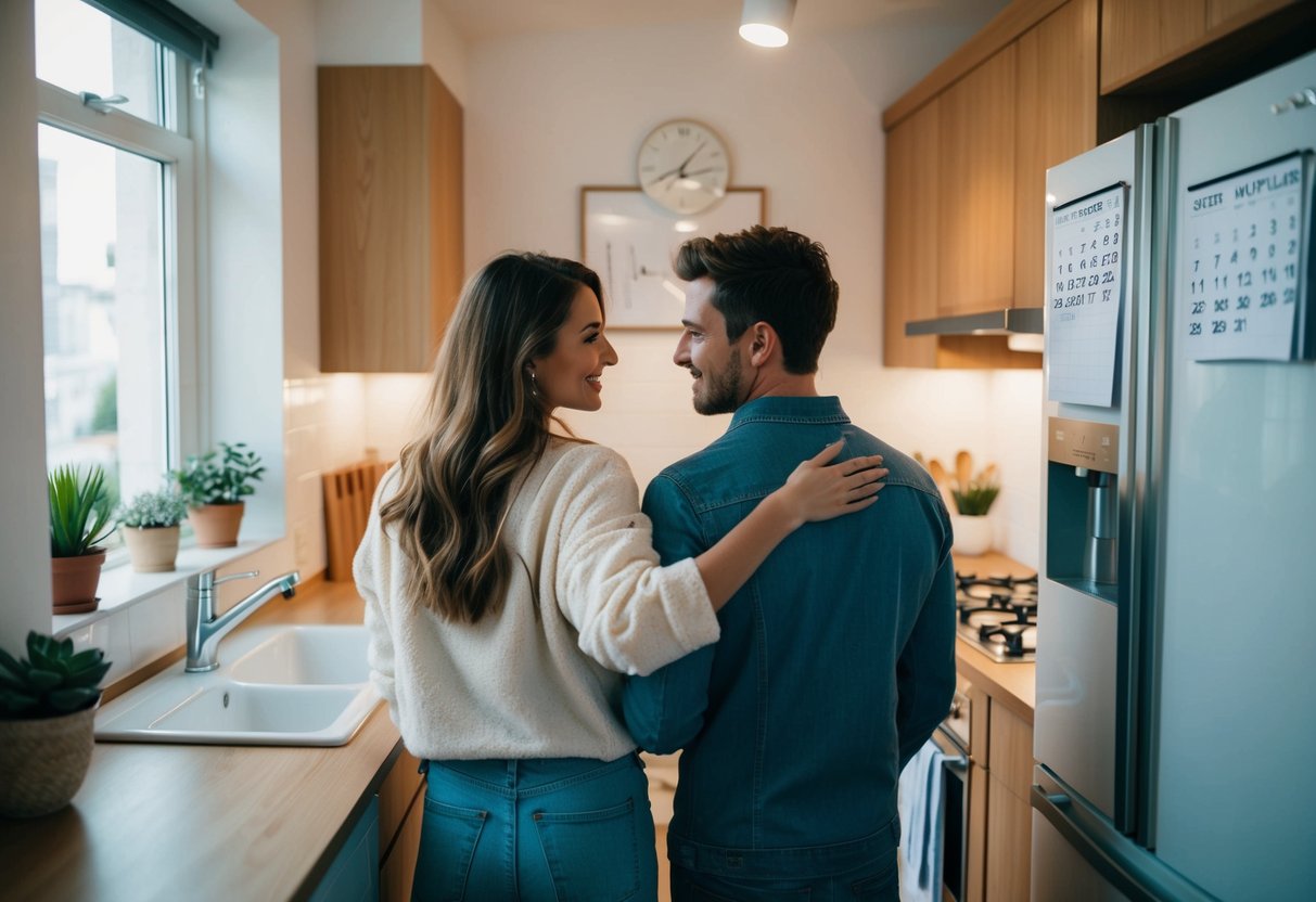 A couple shares a cozy apartment, with two toothbrushes in the bathroom and a shared calendar on the fridge