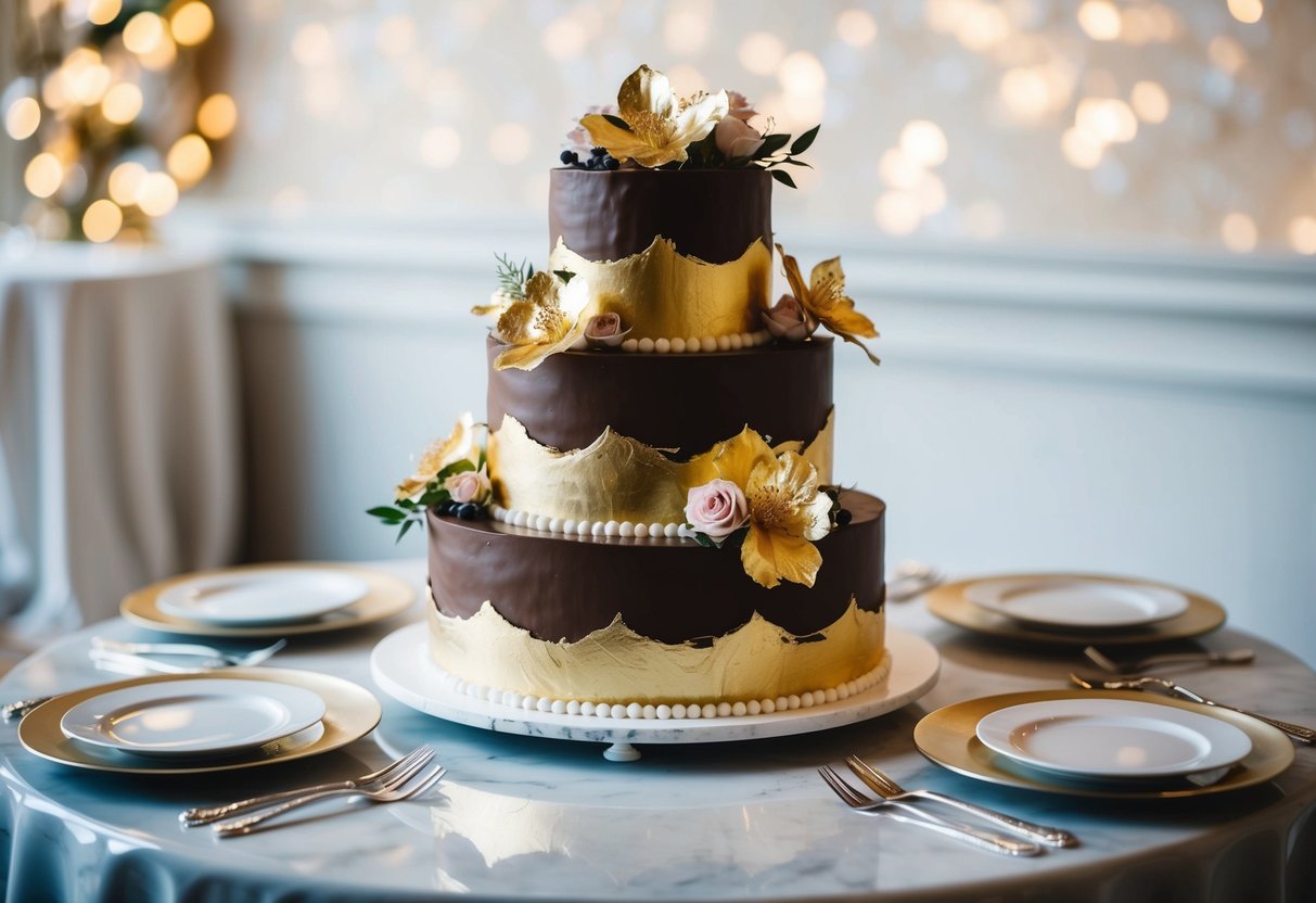 A three-tiered chocolate wedding cake adorned with edible flowers and gold leaf accents sits on a polished marble table, surrounded by elegant dessert plates and silverware