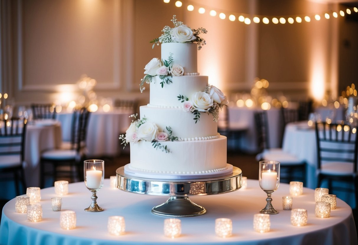A tiered white wedding cake adorned with delicate floral decorations stands on a silver cake stand, surrounded by elegant table settings and twinkling fairy lights