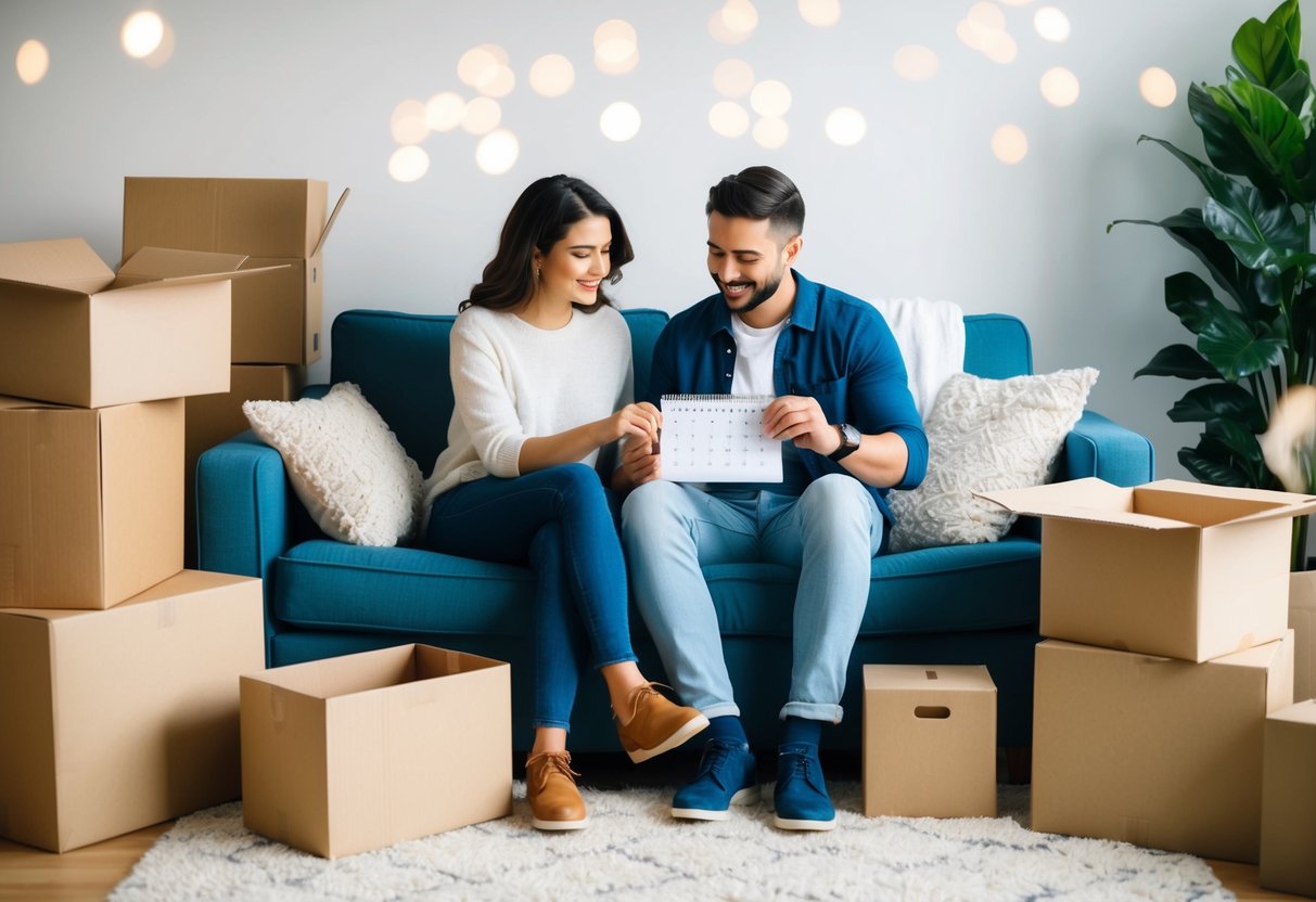 A couple sits together on a cozy couch, surrounded by moving boxes and furniture. They are discussing their future plans and looking at a calendar