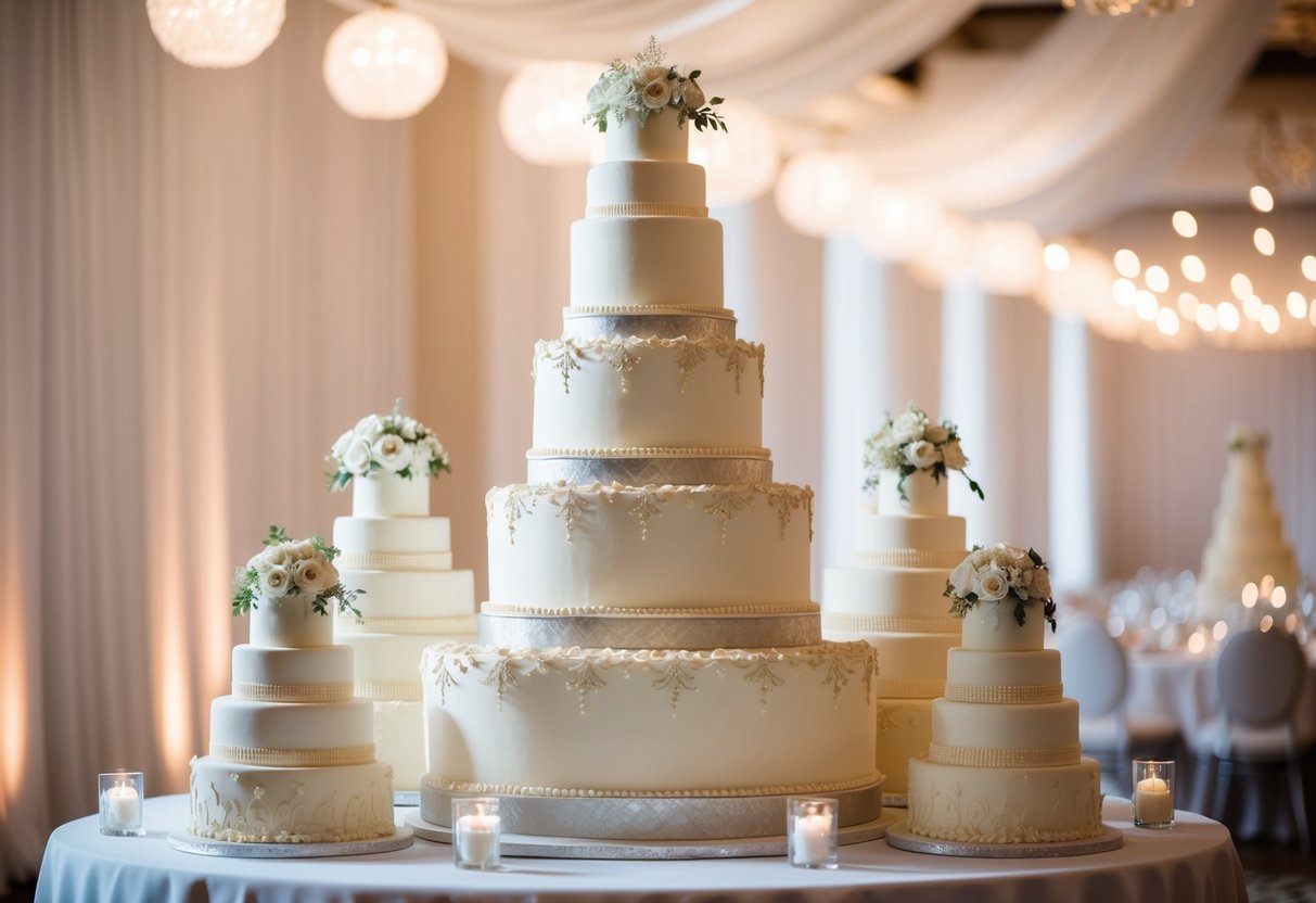 A grand wedding cake towering over smaller cakes, surrounded by intricate decorations and elegant details, symbolizing the larger size and higher cost