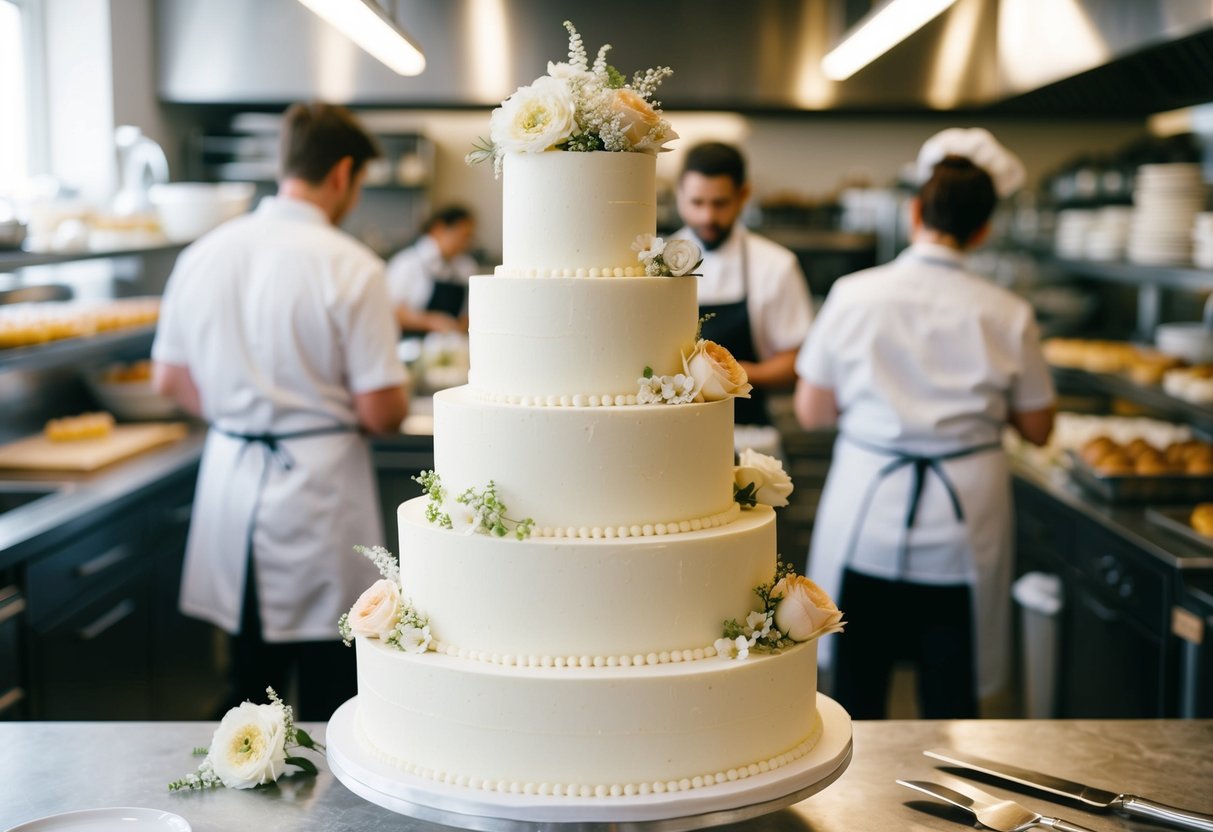 A tiered wedding cake being meticulously decorated with intricate details and delicate flowers, surrounded by a bustling bakery kitchen