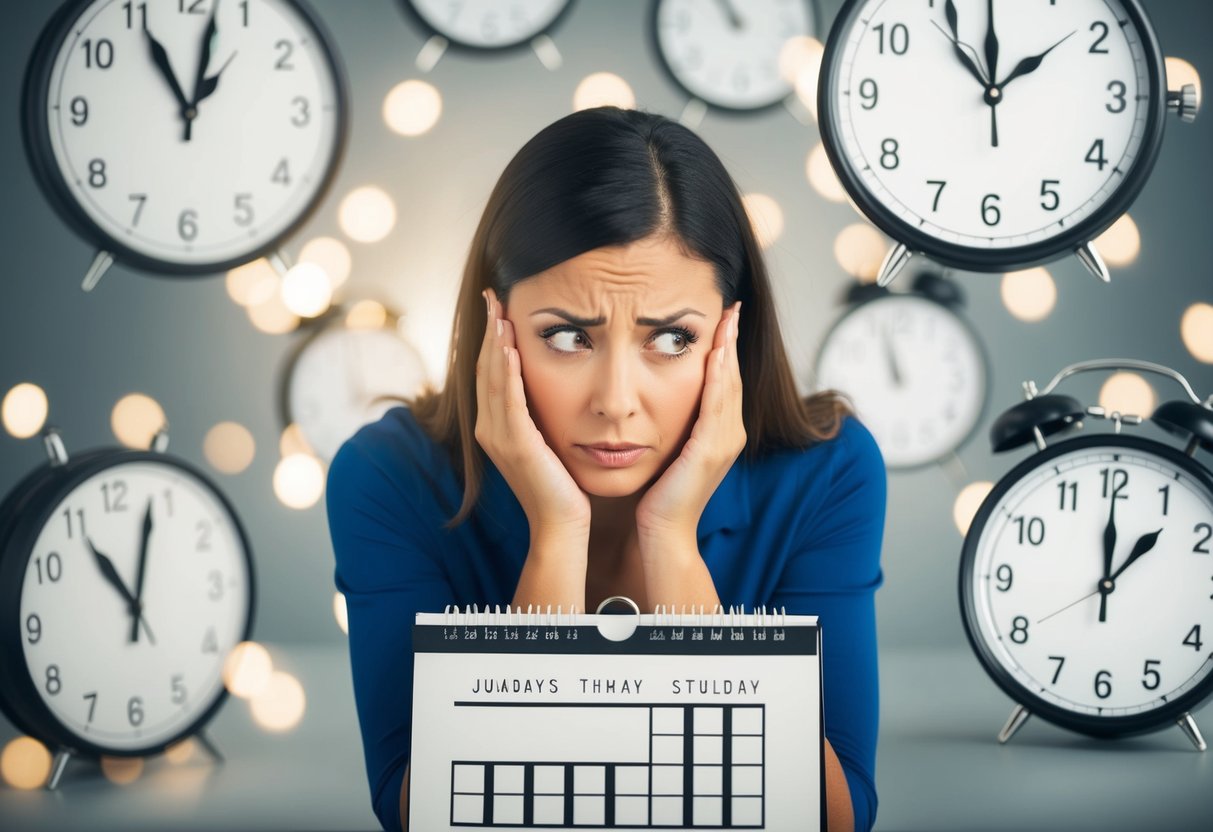 A woman looking at a calendar with a worried expression, surrounded by images of missed opportunities and ticking clocks