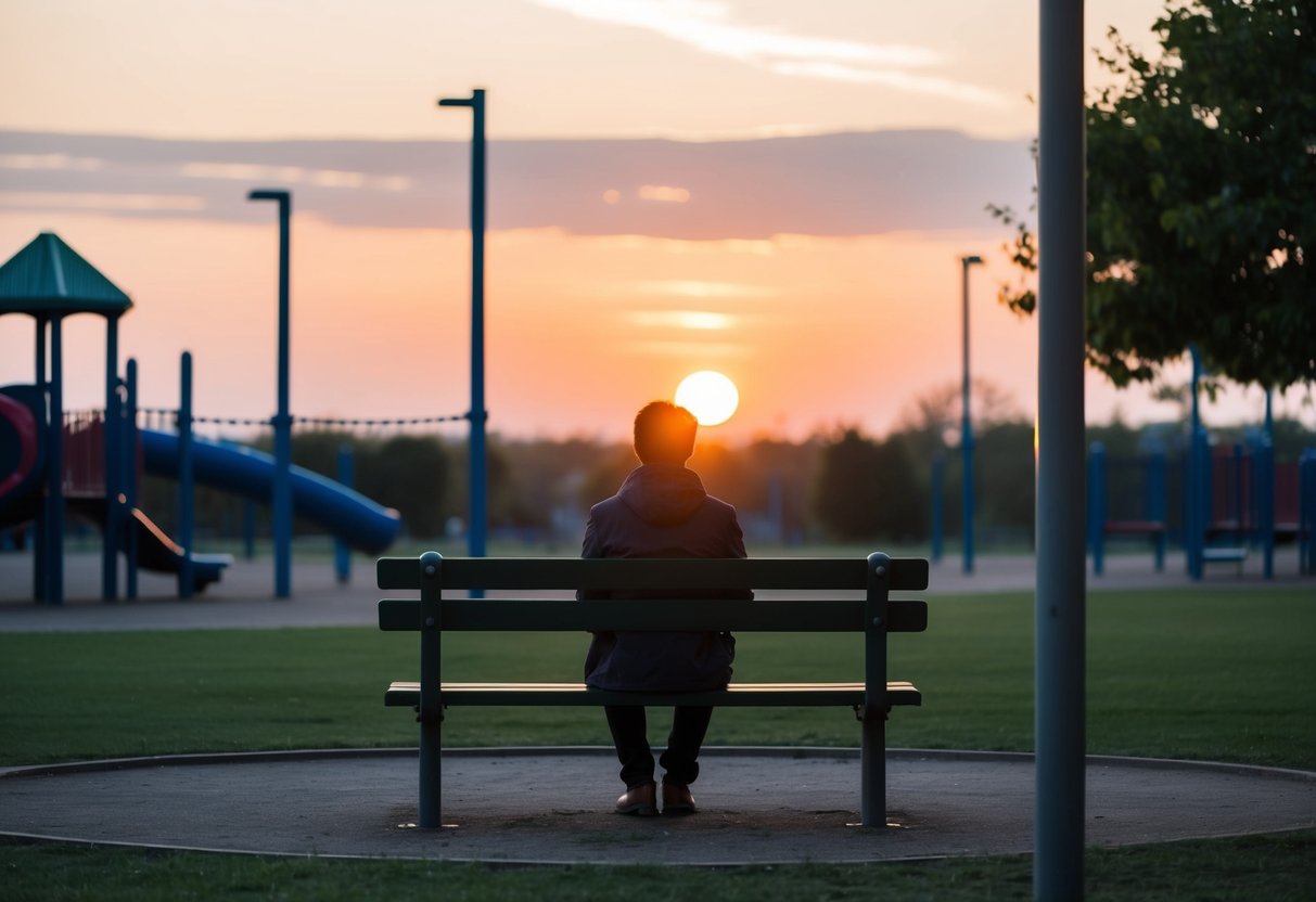 A lone figure sits on a park bench, watching as the sun sets over the horizon, casting a warm glow on the empty playground