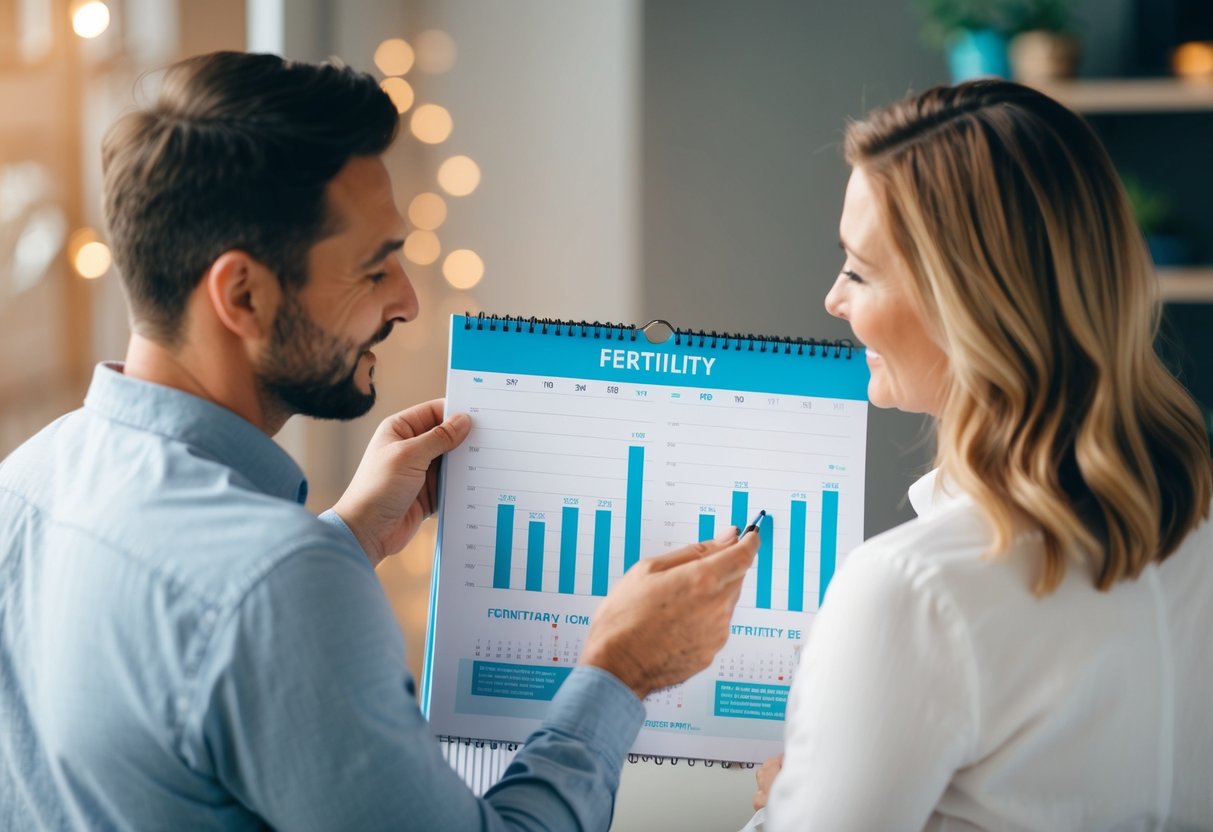 A couple looking at a calendar with fertility and age-related graphs