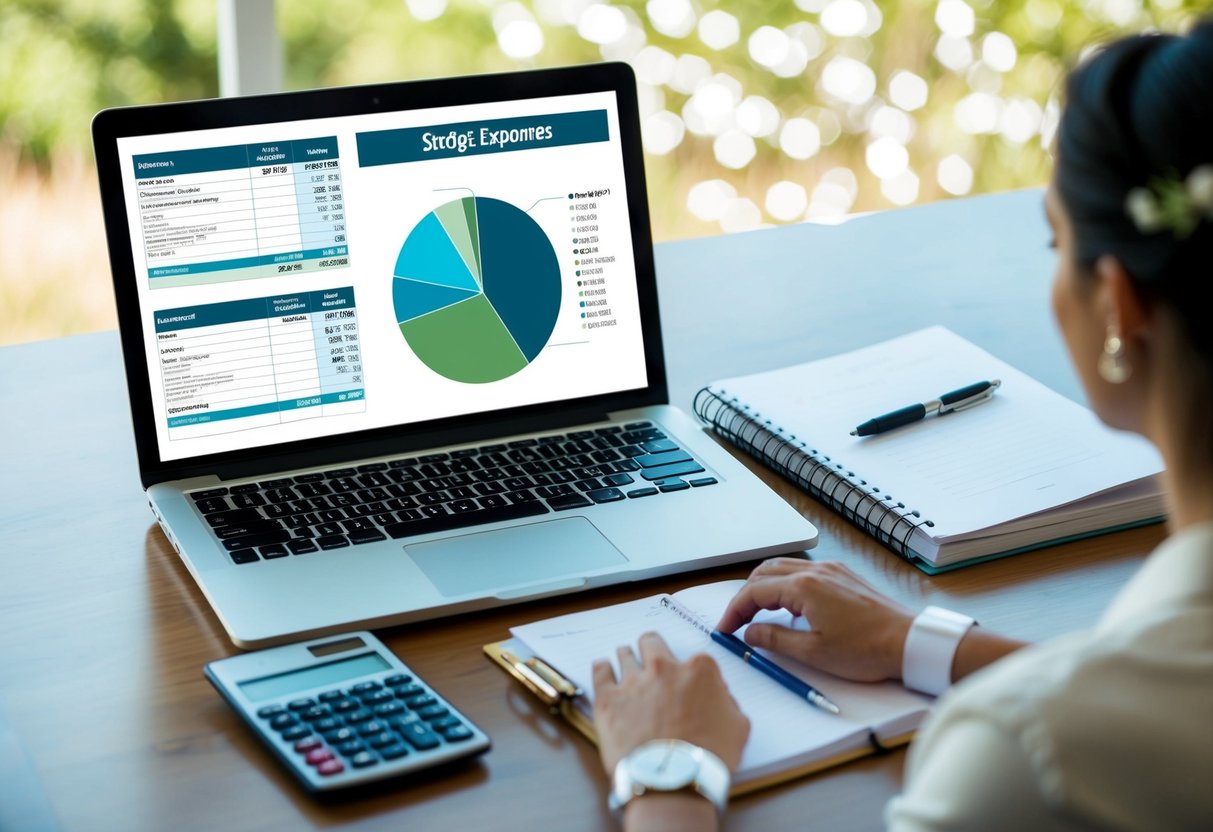 A laptop open to a budget spreadsheet template, with categories for expenses and a wedding theme. A calculator and wedding planning book sit nearby