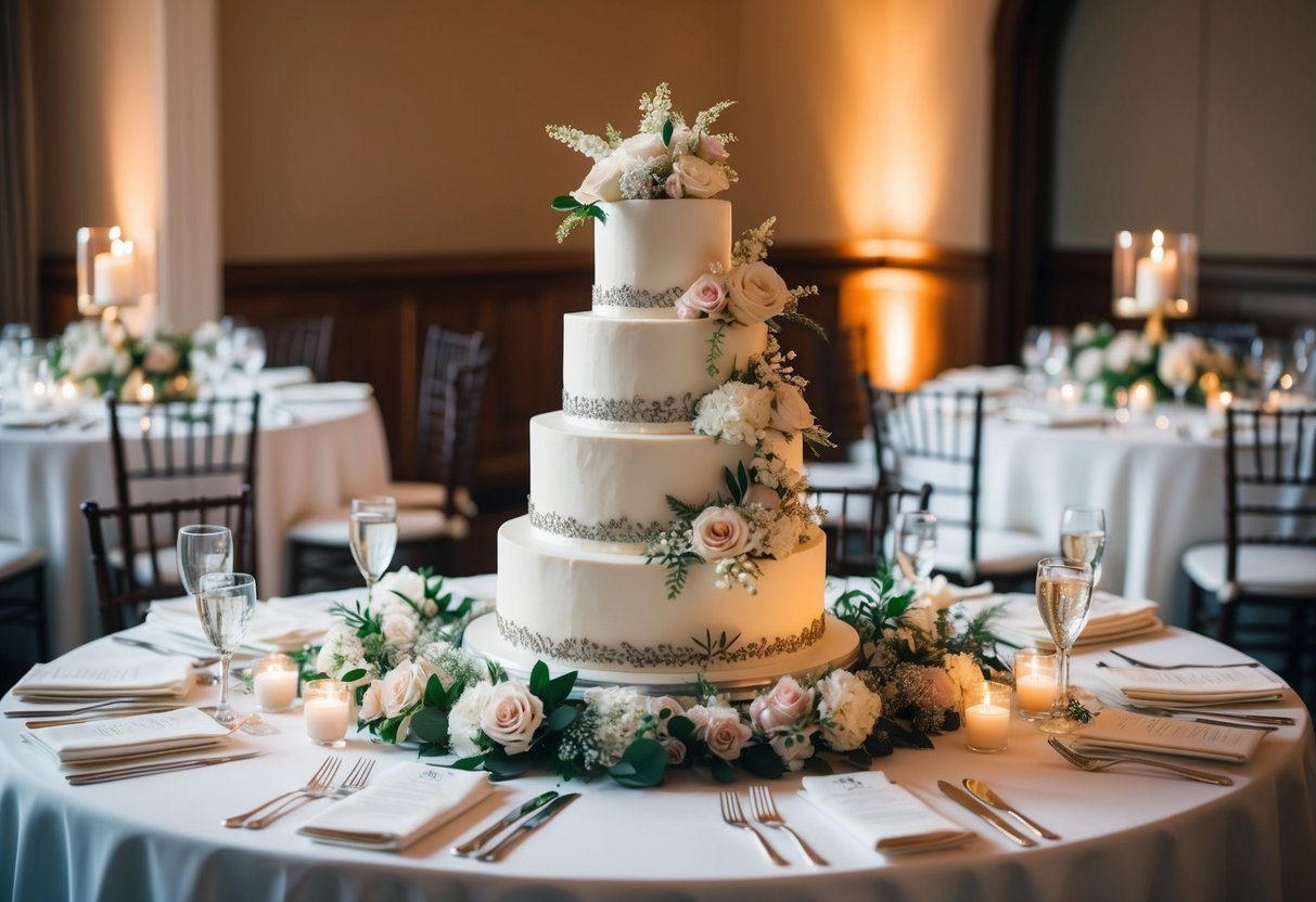 A three-tiered wedding cake adorned with intricate floral decorations sits atop a table, surrounded by elegant table settings and soft candlelight